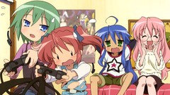 Glasses blue hair pink hair long hair blue eyes green eyes 