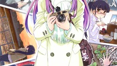 Glasses Cameras coat scarfs pink hair long hair anime girls 