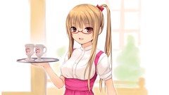Glasses dress red eyes faces bows blondes long hair anime girls 