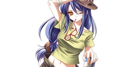 Glasses drinks blue hair long hair anime girls brown eyes 