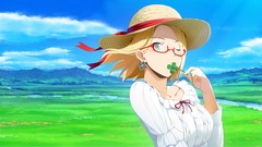 Glasses hats blondes anime girls blue eyes short hair wink 