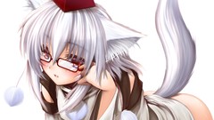Glasses hats white hair red eyes blush anime girls short hair 