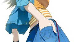 Glasses jeans bottles anime girls green eyes gray hair 