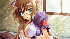 Glasses long hair anime girls green eyes brunettes maids 
