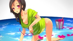 Glasses long hair barefoot pink eyes brunettes cleavage no bra