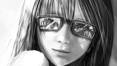 Glasses pendant monochrome shirts smiling long hair anime girls 