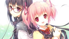 Glasses red eyes Ribbons faces schoolgirls bows pink hair long 