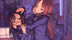 Glasses schoolgirls jackets scarfs long hair anime girls brown 