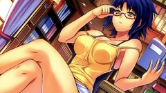 Glasses Shorts shirts blush blue hair yellow eyes bra meganekko 