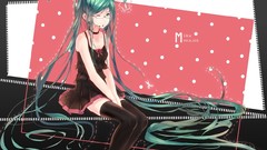 Glasses sitting stockings skirts long hair anime girls green 