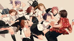 Glasses skirts pink hair long hair pink eyes anime girls brown 