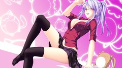 Glasses skirts ponytails purple hair meganekko cleavage thigh 
