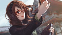 Glasses smiling long hair anime girls phones meganekko Midori 