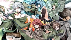 Glasses staff white hair red eyes belts skirts blue hair anime 