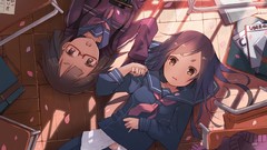 Glasses tie Cameras anime girls school uniforms cherry blossoms 