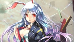 Glasses tie white hair red eyes schoolgirls numbers long hair 