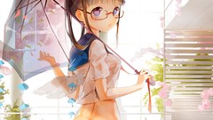 Glasses Umbrellas anime girls school uniforms nipples boobs 