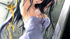 Glasses wet Ribbons long hair anime girls green eyes brunettes 