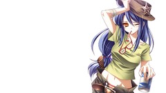 Glasses white background hats drinks belts blue hair long hair 