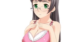 Glasses white background long hair anime girls green eyes bra 
