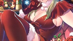 Gloves green eyes short hair bangs cleavage christmas hat boobs 