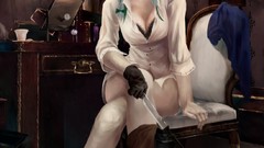 Gloves sitting shirts boots indoors short hair braids bangs 