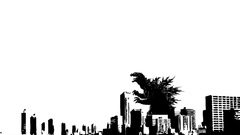 Godzilla monochrome artwork cityscape creature white black