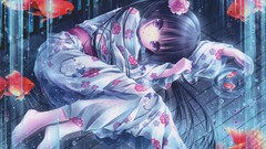 Goldfish barefoot anime girls black hair lying down tinkle 