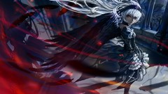 Gothic dolls wings feathers Anime white hair red eyes anime 