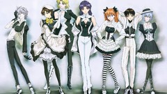 Gothic dress red eyes gloves Ribbons blue hair long hair boots 