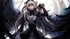 Gothic feathers white hair red eyes long hair rozen maiden