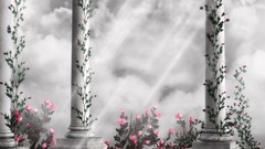 Gothic roses balcony pink flowers Pillars ivy checkered