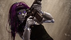 Gothic weapons Guns android cyberpunk purple hair purple eyes 