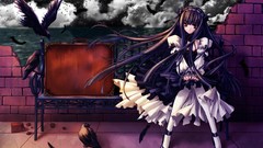 Gothic woman Birds bench Anime