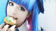 Gothic woman bows asians blue hair pink hair long hair bangs 