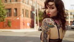 Gothic woman tattoos brunettes looking back