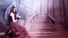 Gothic woman Umbrellas gloves red dress corset redheads