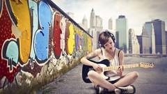 Graffiti woman guitars tattoos models cityscapes city skyline