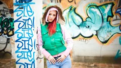 Graffiti woman jeans jackets outdoors redheads Ariel Piper Fawn
