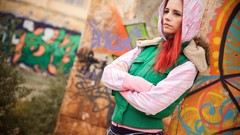 Graffiti woman jeans jackets outdoors redheads Ariel Piper Fawn