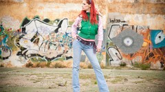 Graffiti woman jeans jackets outdoors redheads high heels Ariel 