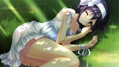 Grass Anime anime girls short hair yellow eyes black hair ecchi 