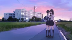 Grass Anime roads schoolgirls school buildings skirts blush 