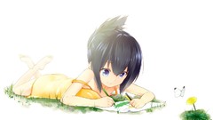 Grass barefoot blue eyes black hair Simple Background original 