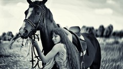 Grass black and white woman Horses long hair