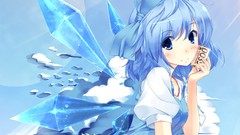Grass blue clouds ice wings Fairies dress bows blush blue hair 