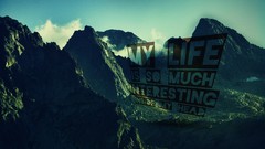 Grass blue Mountains text hills Green skies