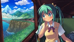 Grass bows blush long hair green eyes hatsune miku vocaloid 