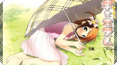Grass brown Umbrellas blush barefoot anime girls blue eyes 