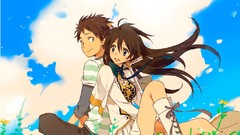 Grass clouds cross outdoors skirts long hair anime girls boots 